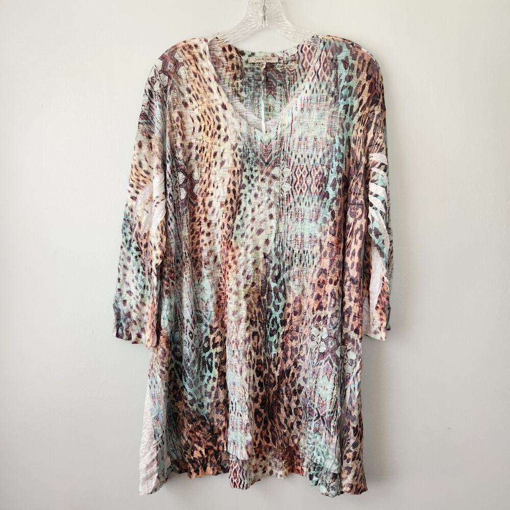 Jess & Jane Top Women's XL Tan Turquoise Leopard Print Tunic Boho Chic Classic